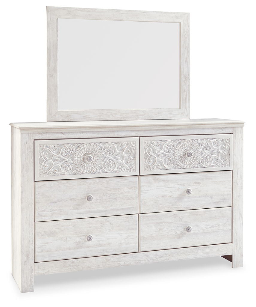 Paxberry - Dresser, Mirror - Medallion Drawer Pulls - Whitewash