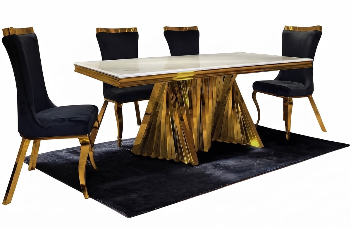 Seraphina Black 7PC Stone Top With Gold Steel Dining Set