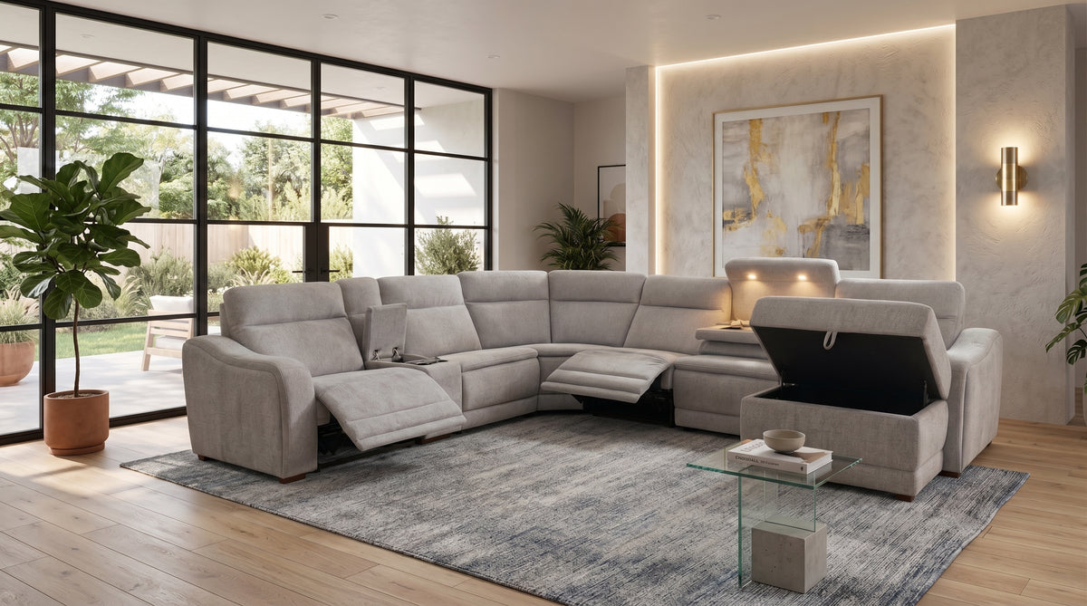 Grandview Light Gray 7-Piece Power Reclining Sectional with Storage Chaise