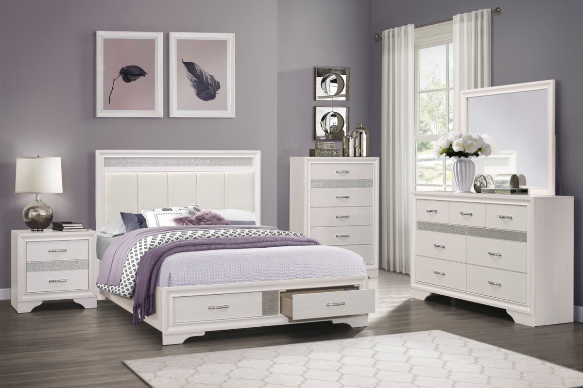 HUDSON White Platform Bedroom Set with Hidden Drawers