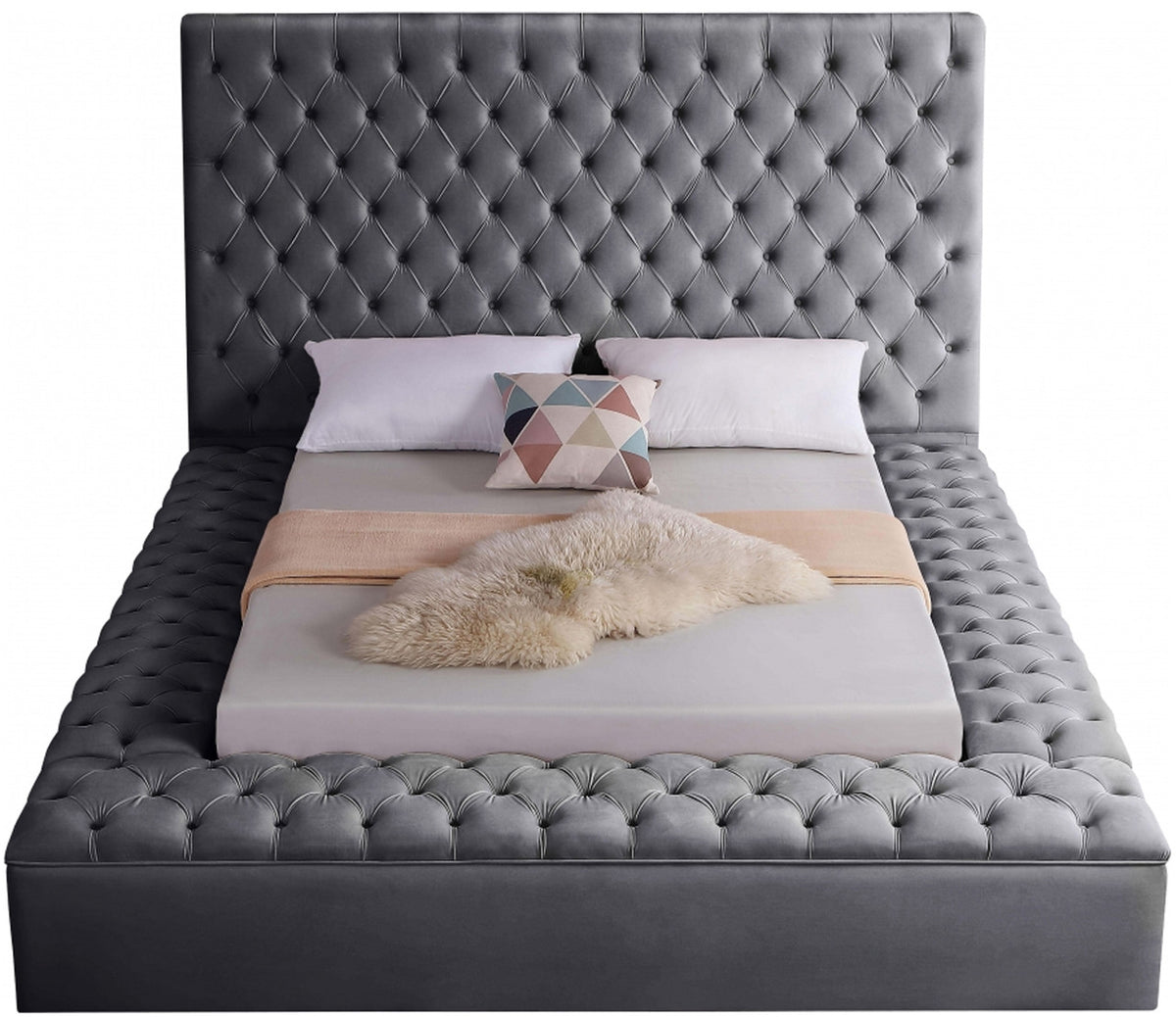AZELL Gray Velvet 61" Height Platform Bed with Storage Benches