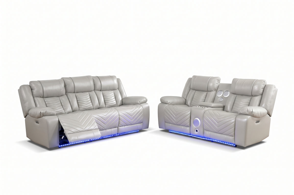 Overlook Grey Powered Reclining Sofa & Loveseat With Bluetooth