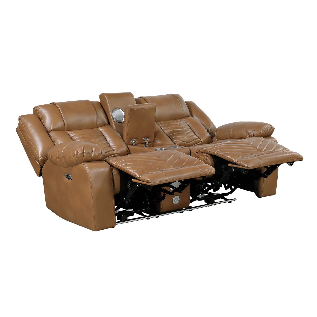 Overlook Caramel Brown Powered Reclining Sofa & Loveseat With Bluetooth