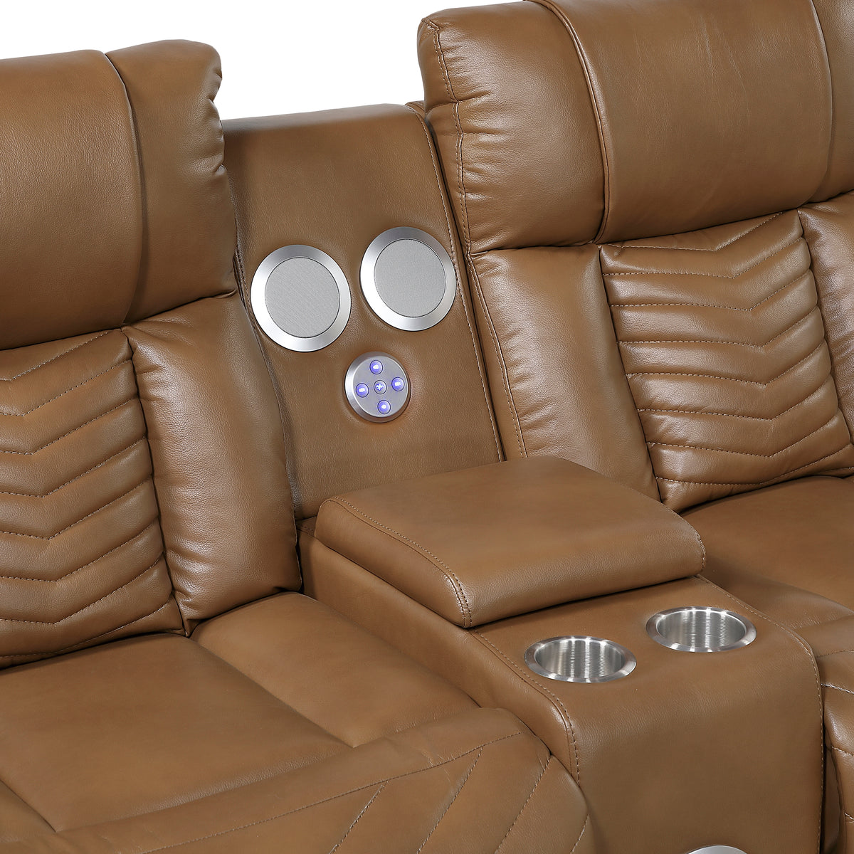 Overlook Caramel Brown Powered Reclining Sofa & Loveseat With Bluetooth
