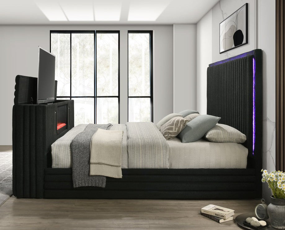 PAULIN LED Black Platform Bed with Fireplace and Lift-Up TV Mount
