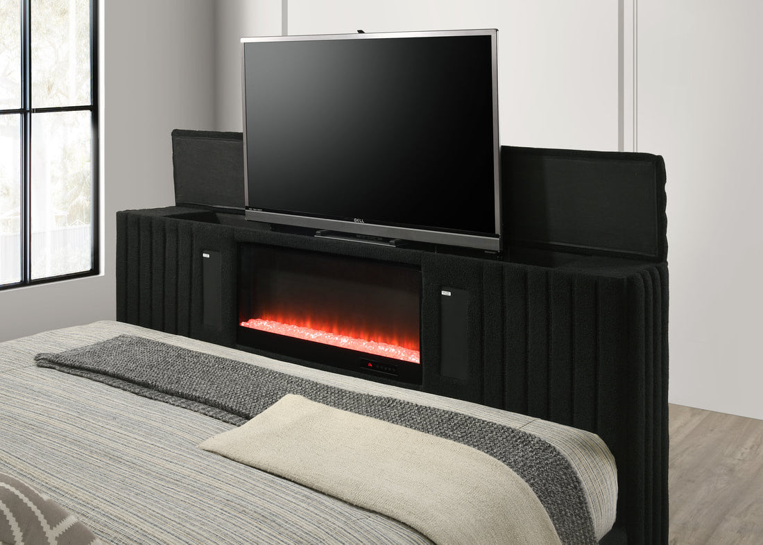 PAULIN LED Black Platform Bed with Fireplace and Lift-Up TV Mount