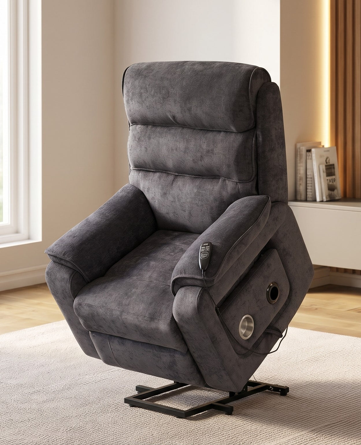 Navigator Charcoal Lift Recliner With Built-In Side Cup Holder