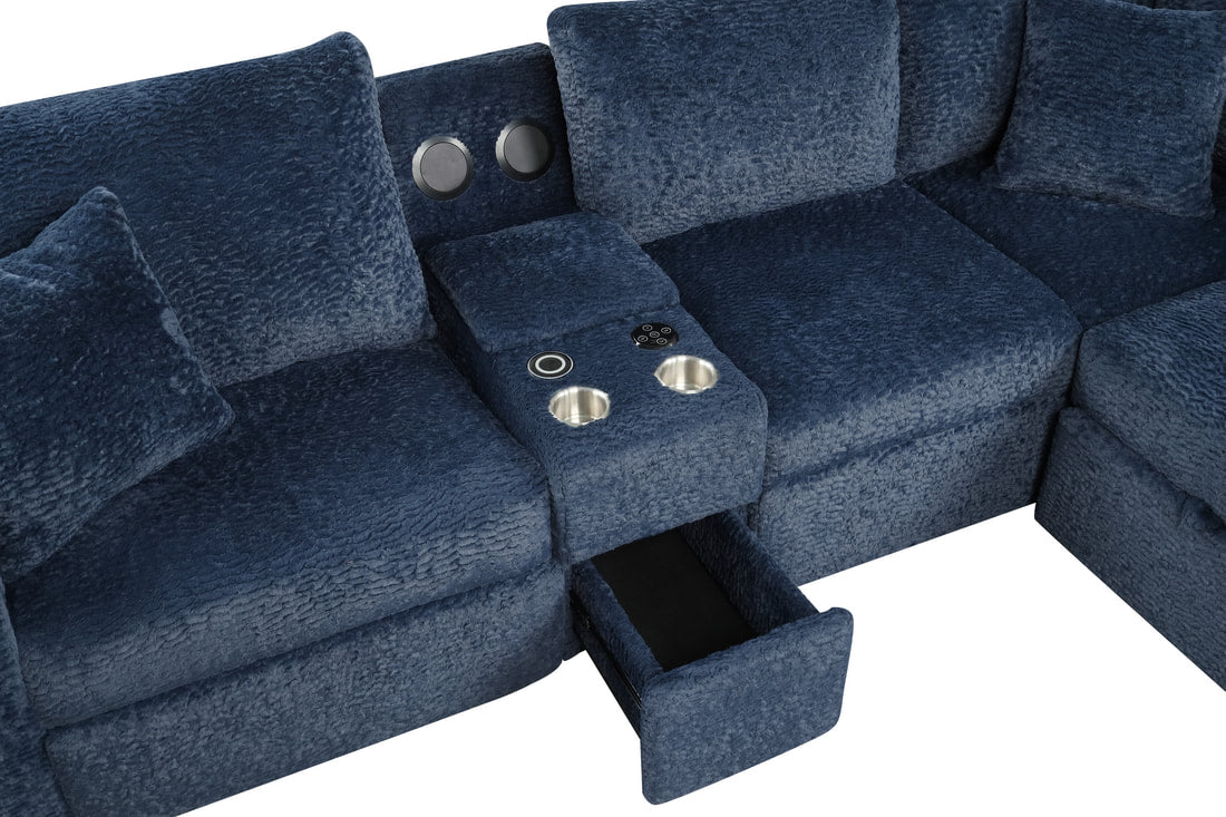 REUNION Navy Blue 121" x 112" Reclining Sectional with Pull-Out Sleeper & Storage