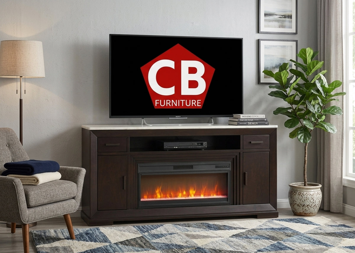 Luminary Cherry Faux Marble 83" Wide x 36" Height TV Stand with Fireplace