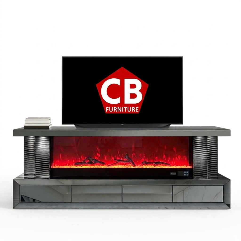 Vortex Glossy Grey 71" Wide x 25" Height TV Stand with Fireplace & Bluetooth Speakers