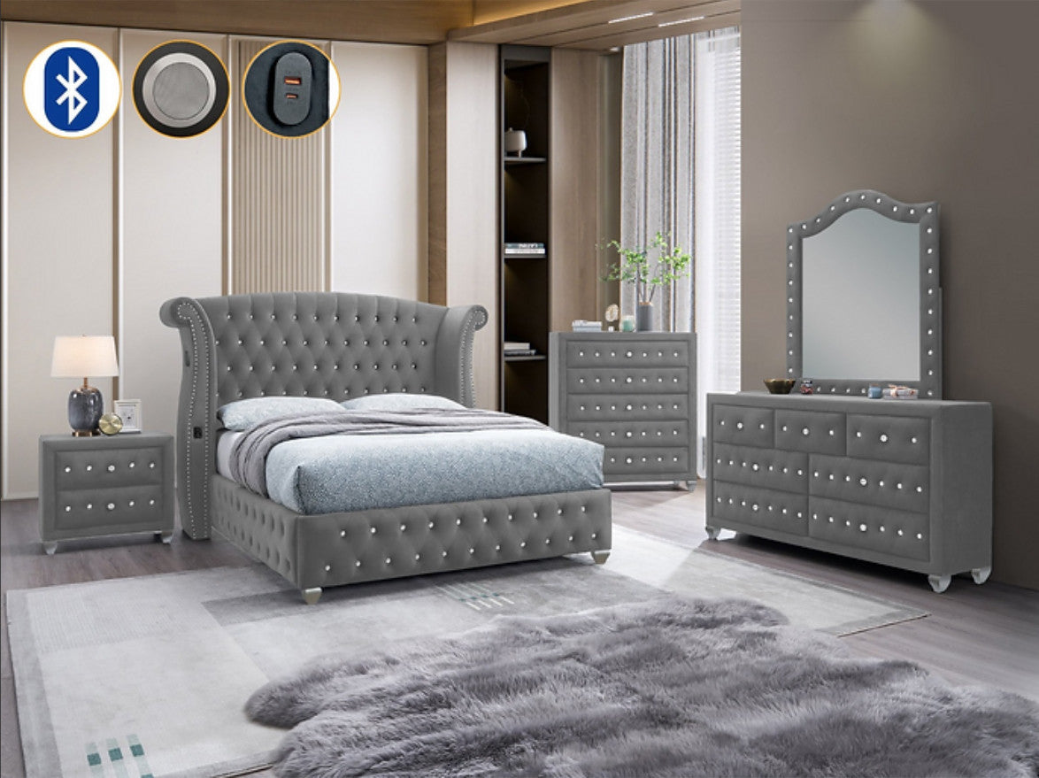 ALYONA Gray Velvet Bedroom Set with Armrest Bed