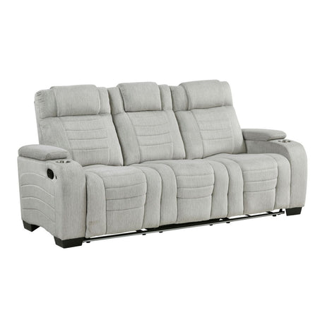 Ronan - Double Reclining Sofa With Center Drop-Down Cup Holders, Storage Arms, Cup Holders, Reading Lights, Magazine Bag, Receptacles, Charging Ports And Led - Gray