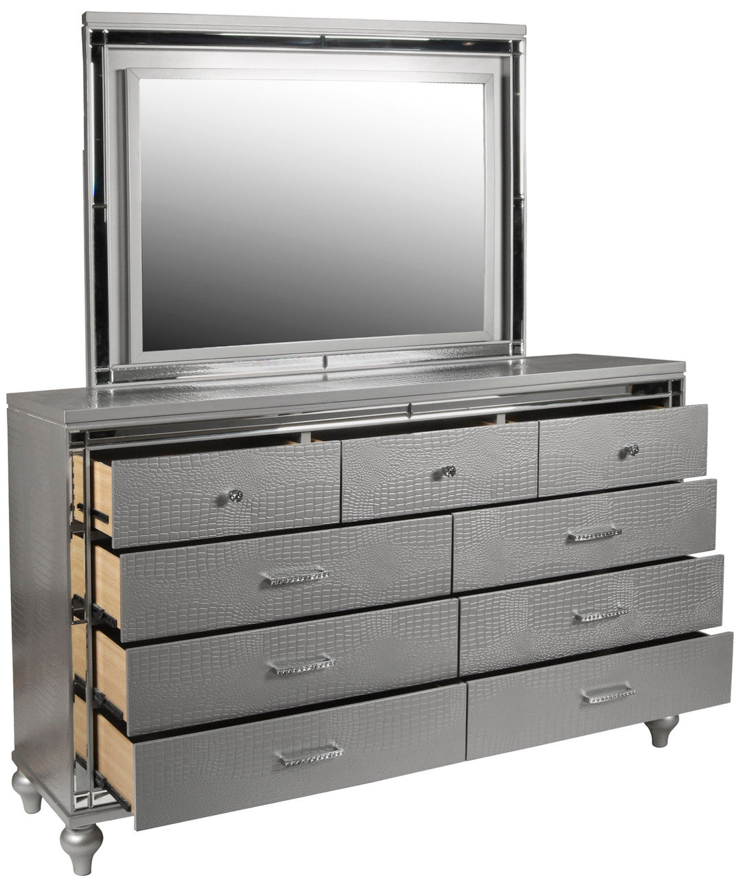 STRADA Silver Alligator Texture 67" Wide Dresser & Mirror with LED's