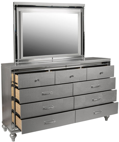 STRADA Silver Alligator Texture 67" Wide Dresser & Mirror with LED's