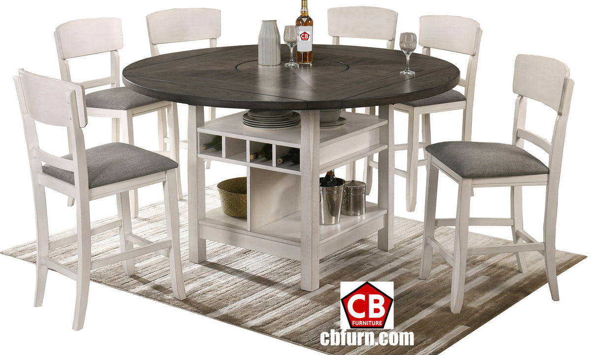MANNA White & Gray 7 Piece Counter Height Set with Lazy-Susan