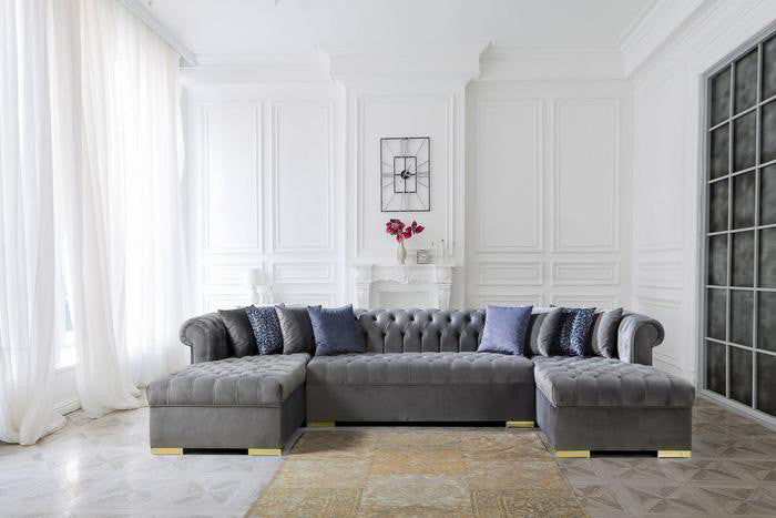 PACKARD Gray Velvet 141" Wide Double Chaise Sectional