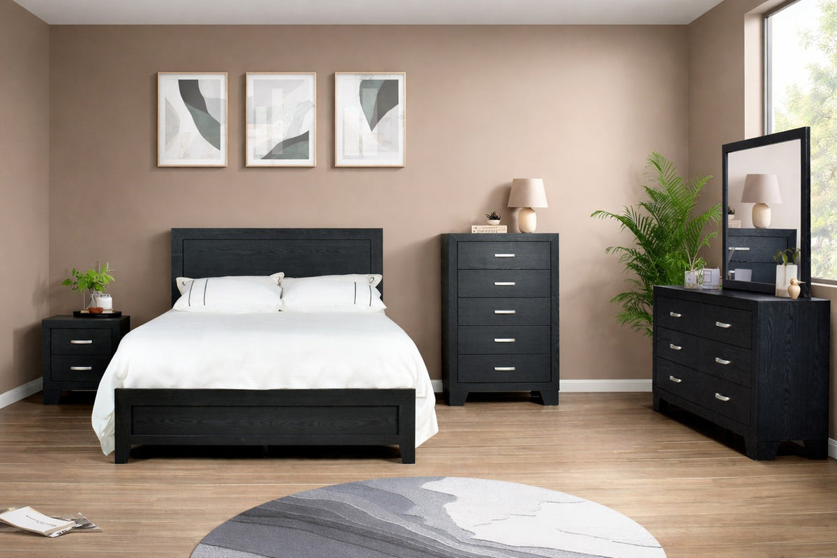 Tao Black 5PC Bedroom Set, Bed, Nightstand, Dresser, Mirror & Chest