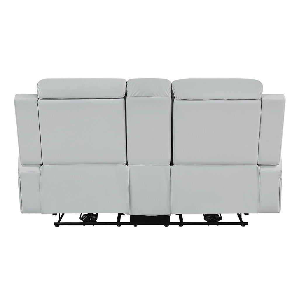 Elonzo - Power Motion Loveseat With Console, LED, Power Headrest & Speaker - Light Gray