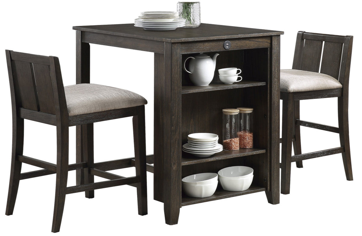 AMPARO Brown Cherry 3 Piece Counter Height Set With USB Ports