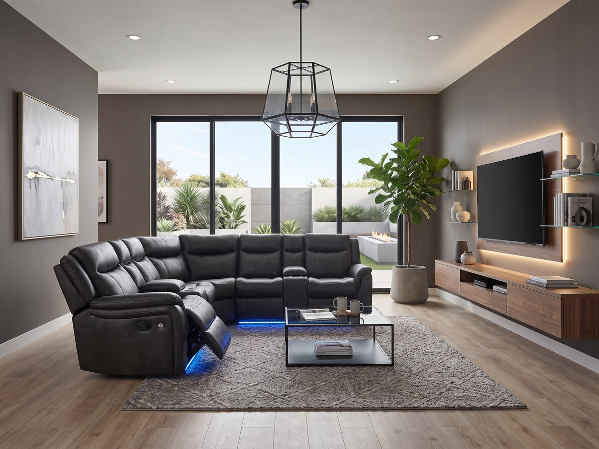 Voltage Faux Leather 103" x 116" 2-Piece Reclining Sectional With LED