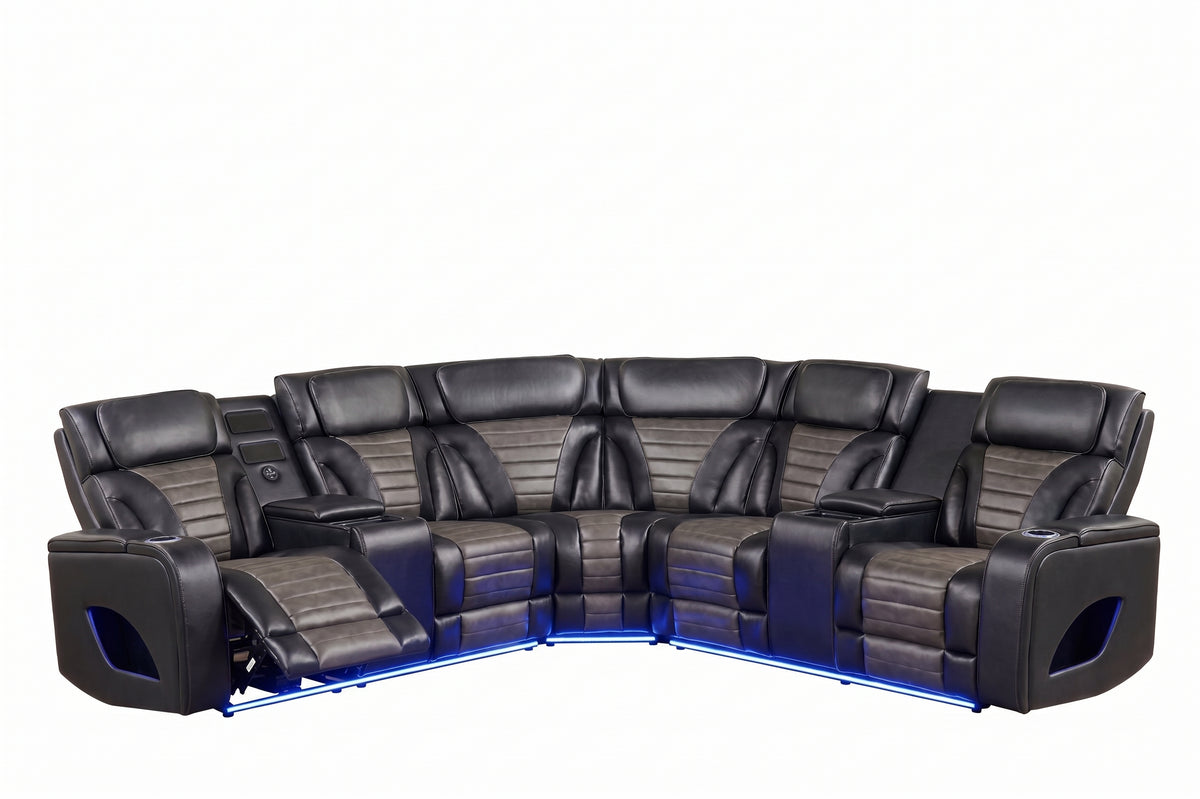 Cinema Black/Gray Power Reclining Sectional With LED & Bluetooth Speakers