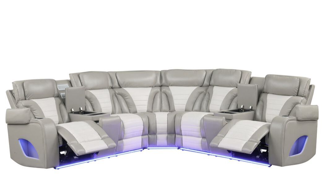 Cinema Gray/White Power Reclining Sectional With LED & Bluetooth Speakers