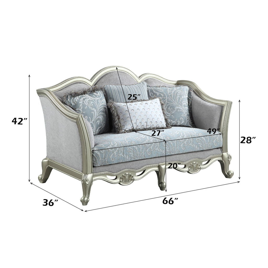 Qunsia - Loveseat With 4 Pillows - Light Gray Linen & Champagne