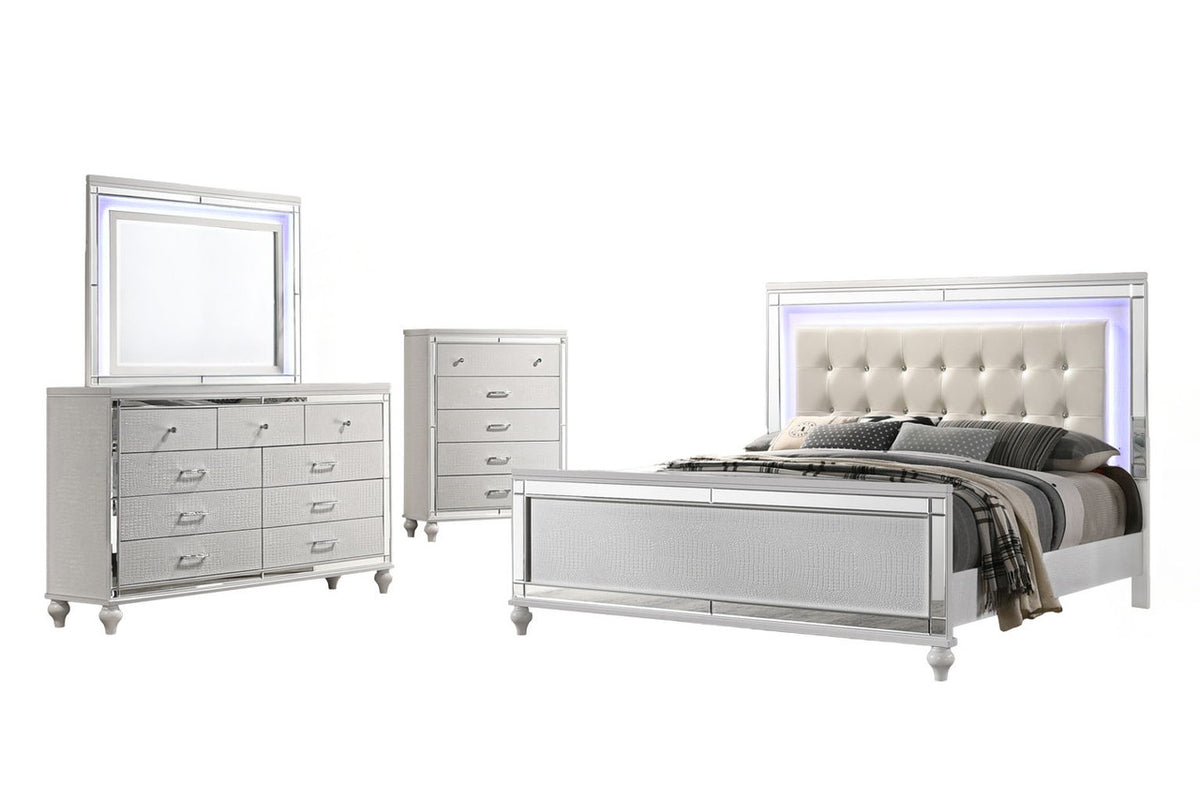 Valentino - Queen 4 Piece Bedroom Set(Bed, Dresser, Mirror, Chest) - White
