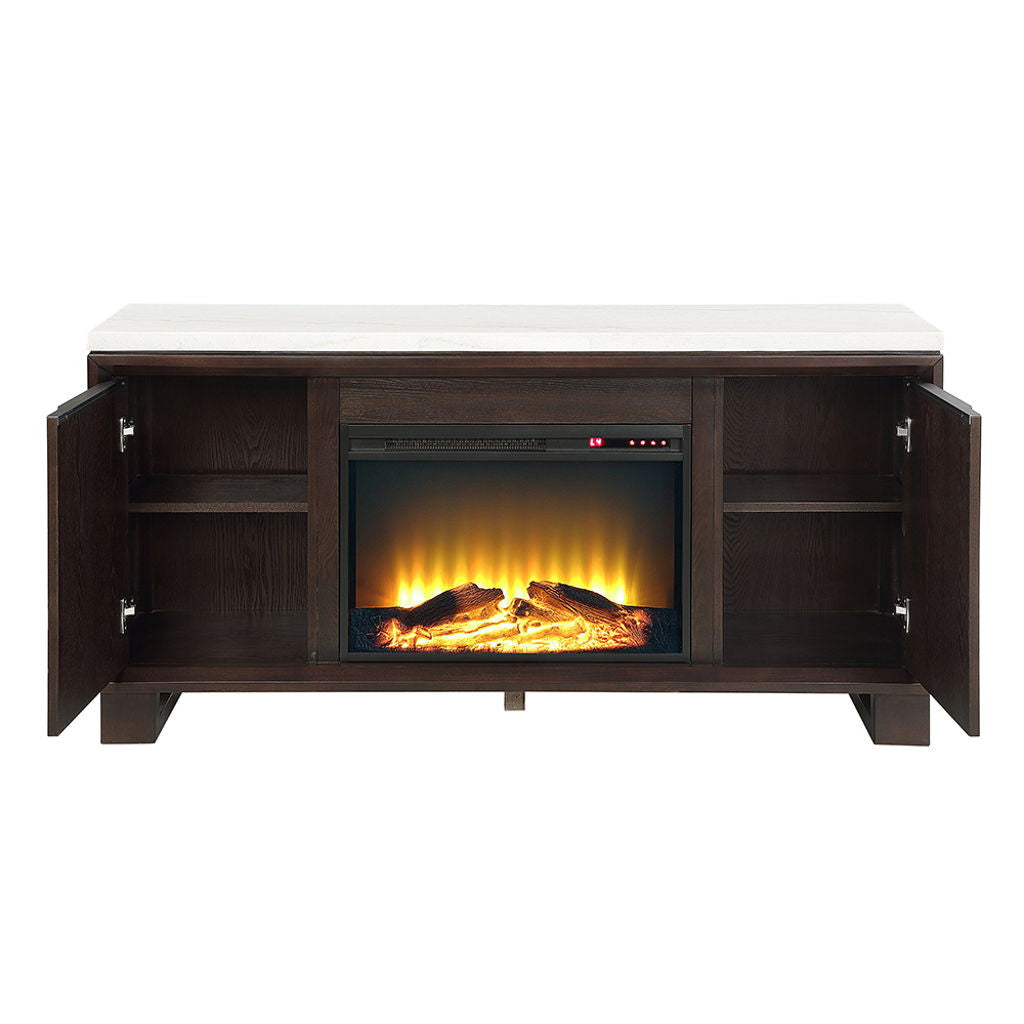 Edwyn - Server With Fireplace - Natural Marble Top & Espresso