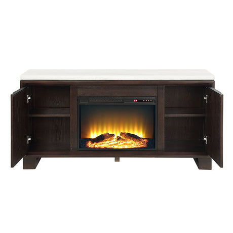 Edwyn - Server With Fireplace - Natural Marble Top & Espresso