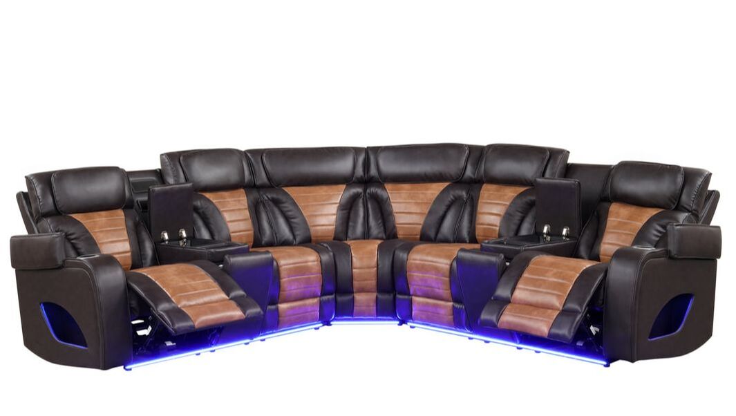Cinema Brown Power Reclining Sectional With LED & Bluetooth Speakers