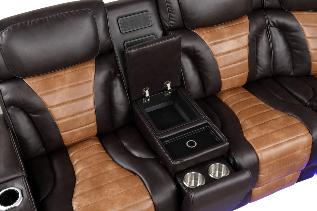 Cinema Brown Power Reclining Sectional With LED & Bluetooth Speakers