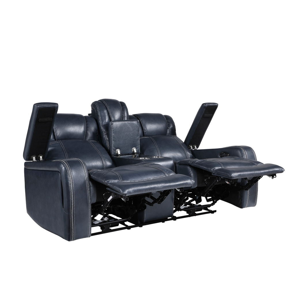 Keziah - Power Double Reclining Loveseat With Center Console, Power Headrests And Storage Arms - Blue