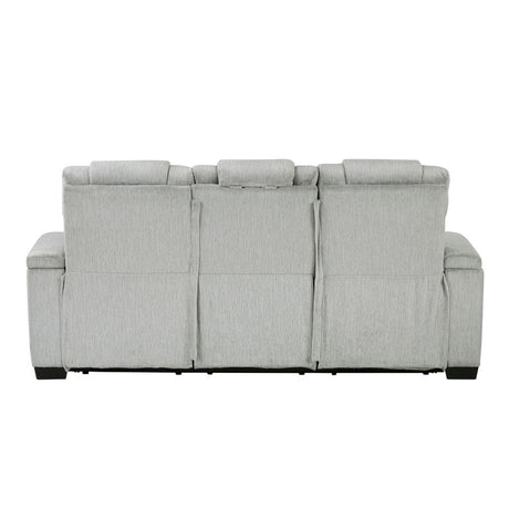 Ronan - Double Reclining Sofa With Center Drop-Down Cup Holders, Storage Arms, Cup Holders, Reading Lights, Magazine Bag, Receptacles, Charging Ports And Led - Gray