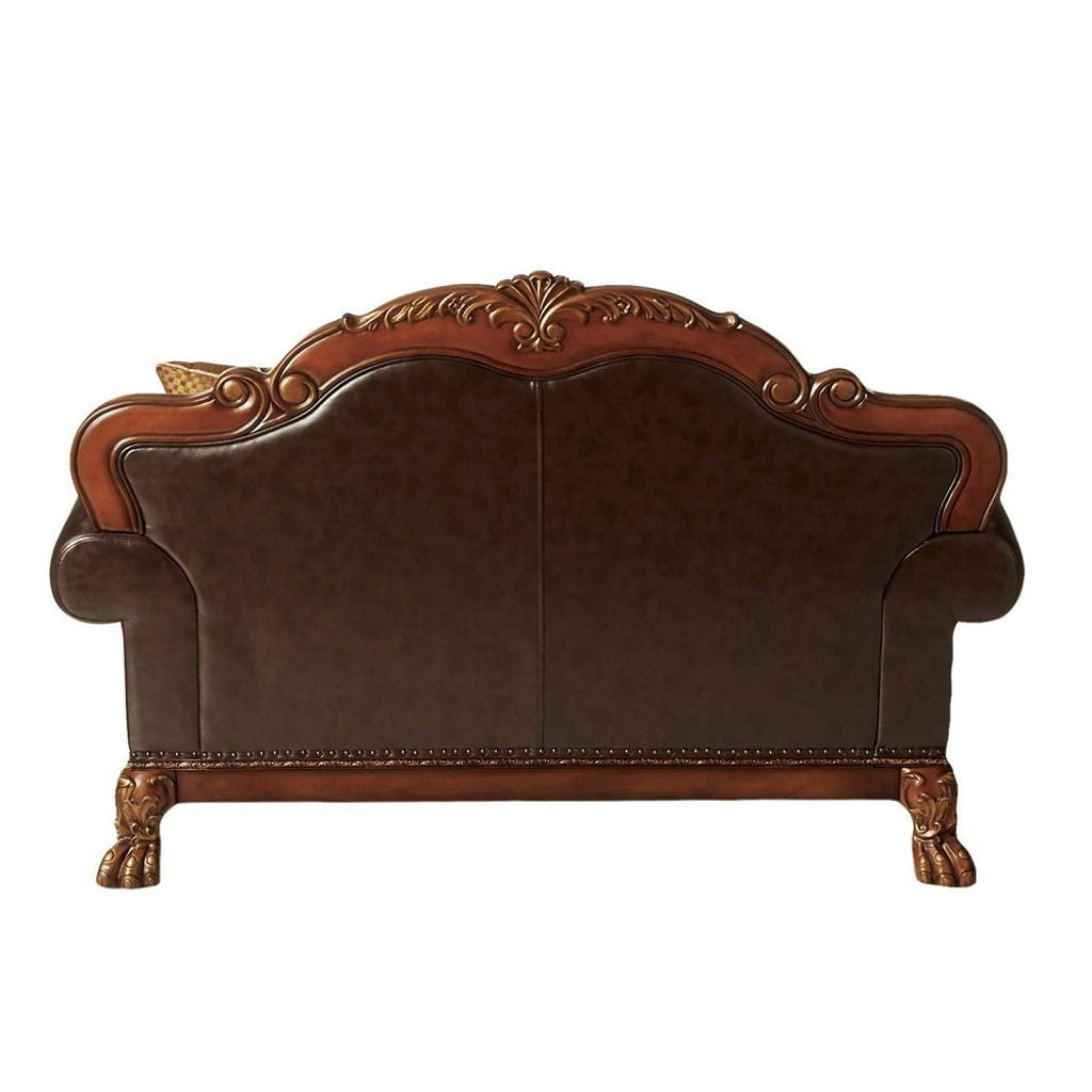 Dresden - Loveseat With 2 Pillows - Brown Synthetic Leather & Chenille, Cherry Oak
