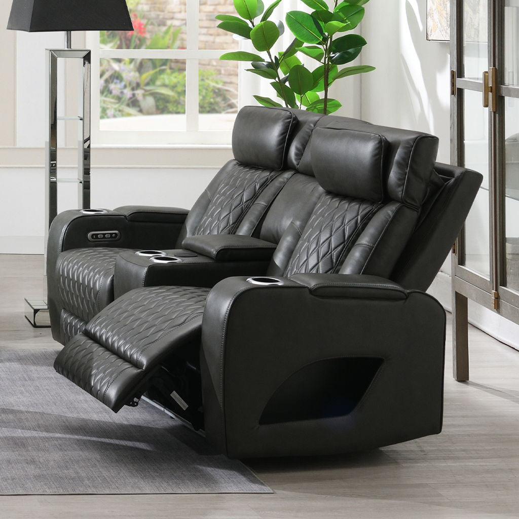 Taddeo - Power Motion Loveseat With Console, Speaker, USB, Wireless Charger & LED - Dark Gray
