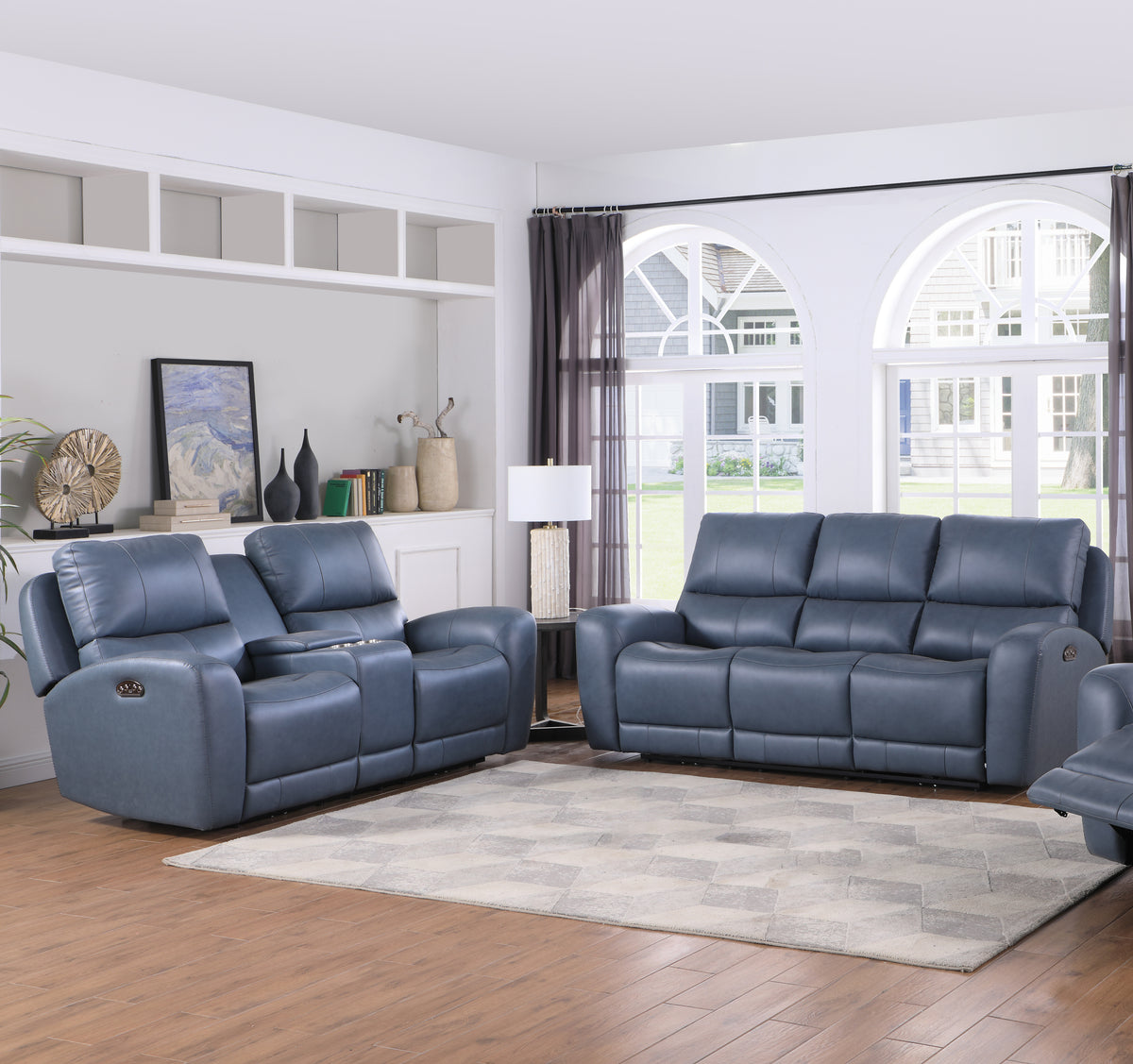 VINOVO Blue 100% Top-Grain Leather Power Reclining Livingroom with Adjustable Headrests