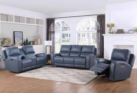 VINOVO Blue 100% Top-Grain Leather Power Reclining Livingroom with Adjustable Headrests