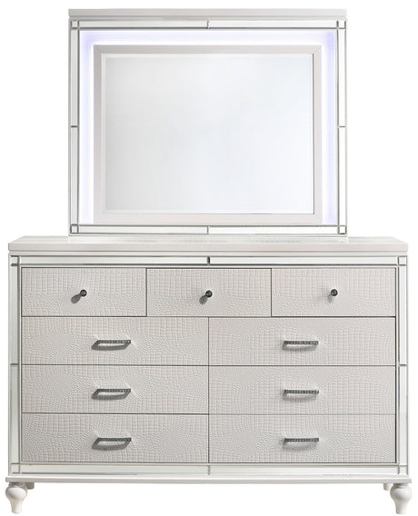 STRADA White Alligator Texture 67" Wide Dresser & Mirror