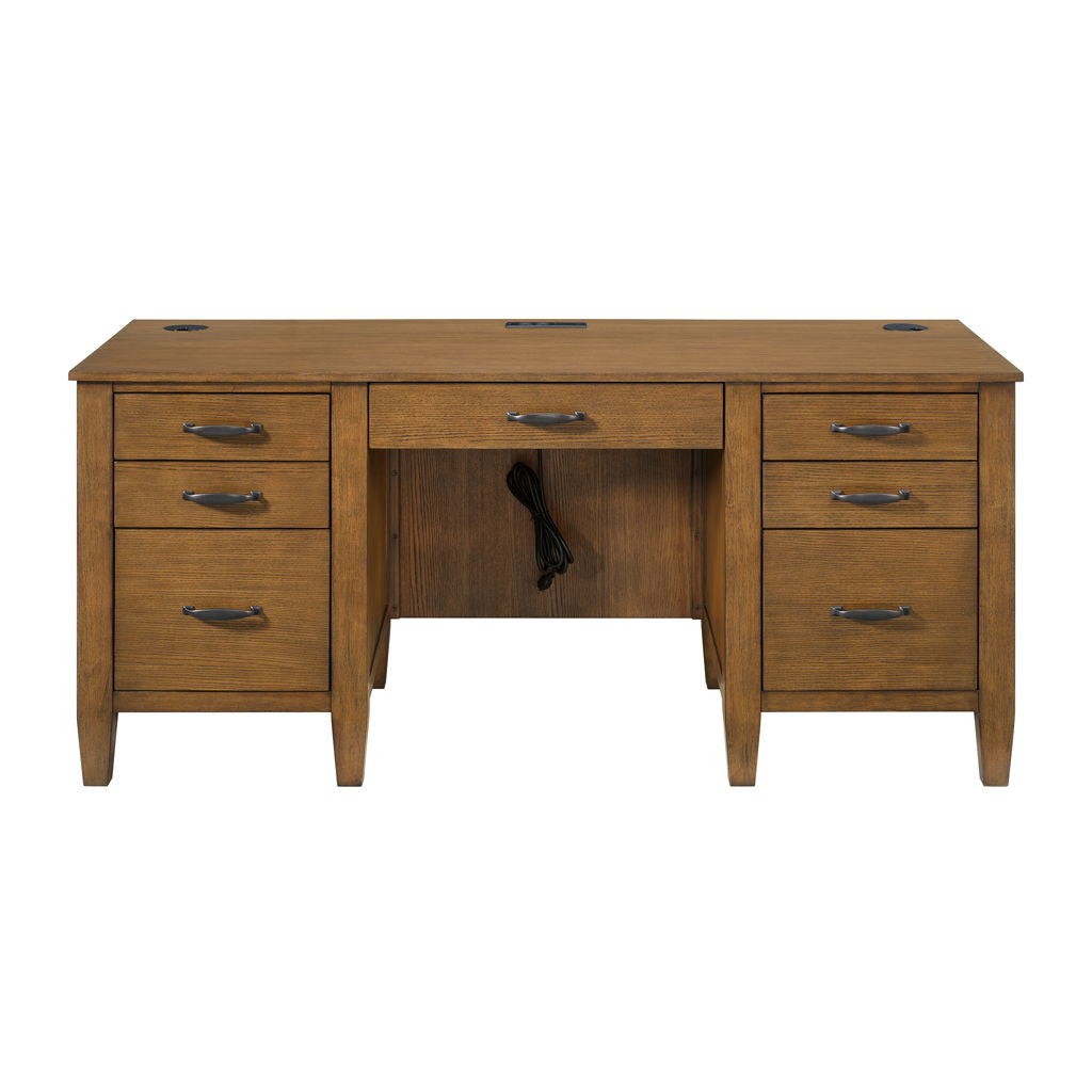 Portico - Double Pedestal Desk With Power / USB - Brown Oak