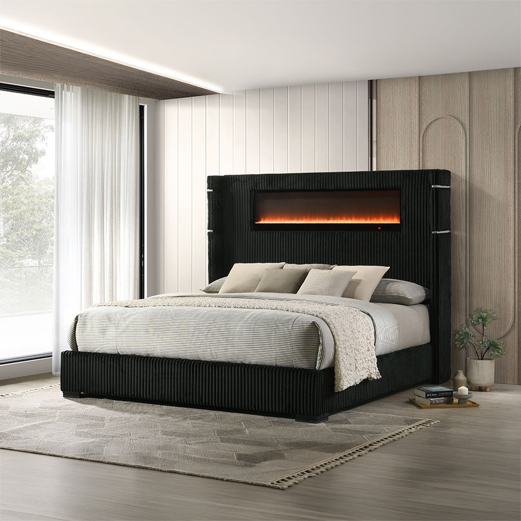 Garner - Bed With Fireplace, LED, Reading Light, Speaker, Bluetooth & USB