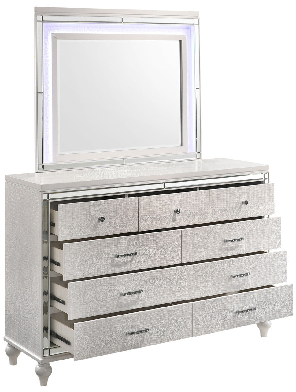 STRADA White Alligator Texture 67" Wide Dresser & Mirror