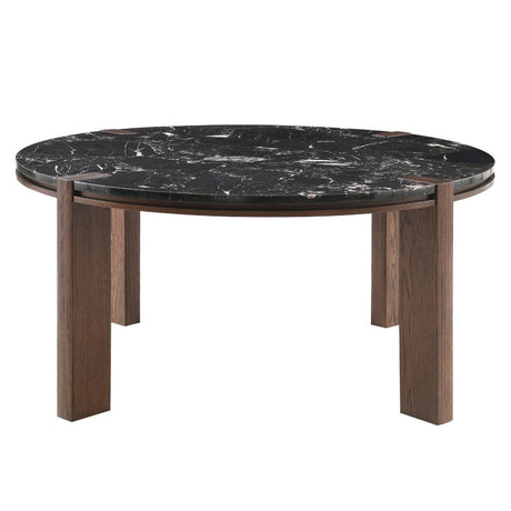 Estella - Round Dining Table With Natural Marble Top - Black Top & Walnut