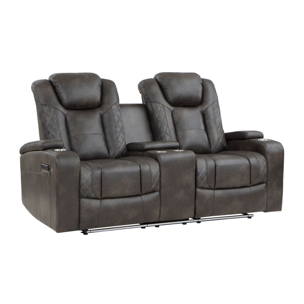 Tabor - Power Double Reclining Loveseat With Center Console, Power Headrests, Storage Arms And Cup Holders - Brownish Gray