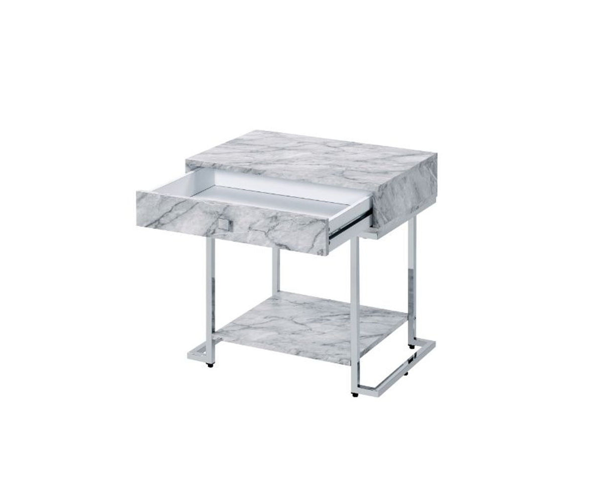 Wither - Accent Table - White Printed Faux Marble & Chrome
