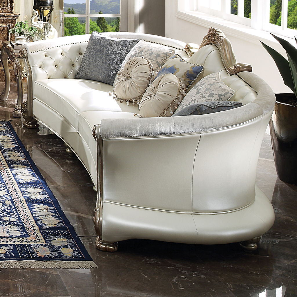 Dresden II - Sofa With 7 Pillows - Pearl Synthetic Leather & Gold Patina