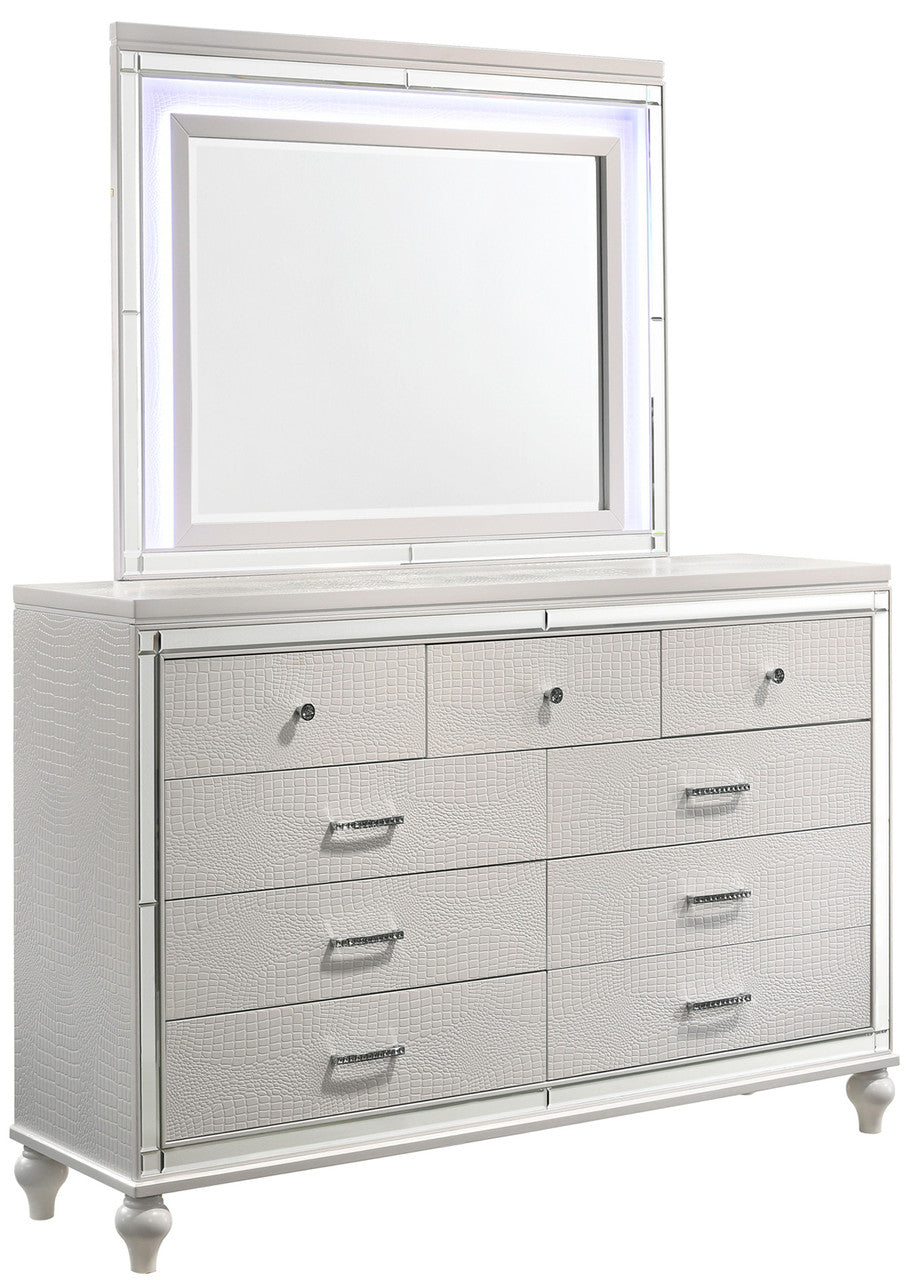 STRADA White Alligator Texture 67" Wide Dresser & Mirror