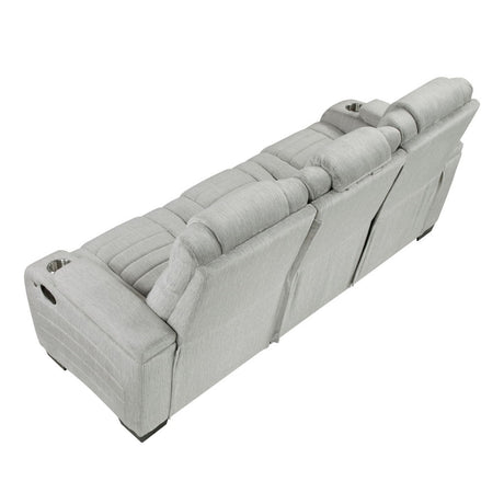 Ronan - Double Reclining Sofa With Center Drop-Down Cup Holders, Storage Arms, Cup Holders, Reading Lights, Magazine Bag, Receptacles, Charging Ports And Led - Gray