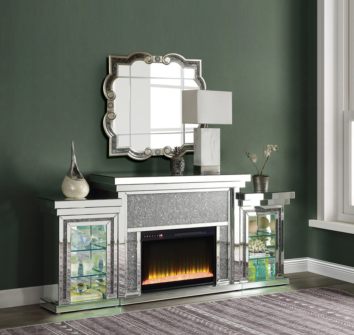 ACROPOLIS Mirrored 81" Wide Fireplace with LED Lights
