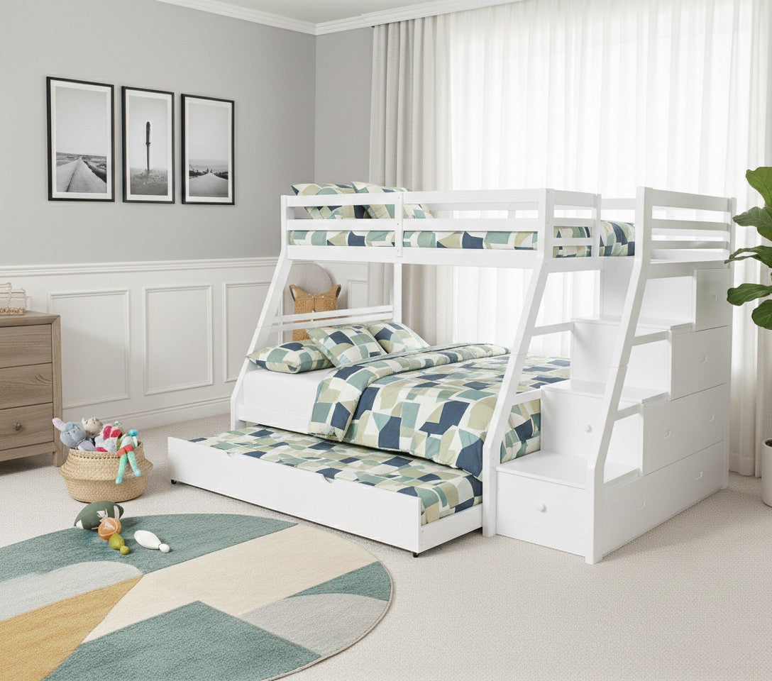 ASMARA White Twin over Full 65" Height Stairway Bunk Bed (RTA)
